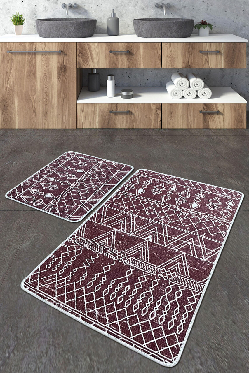 Set covorase de baie, L'essentiel Maison, Straordinario Djt, Roșu Claret / Alb - imagine 3